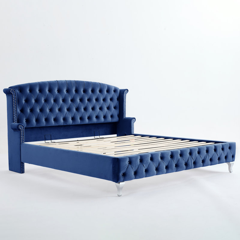 Velora Velvet Upholstered Wingback Platform Bed, Navy Blue