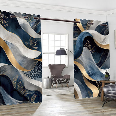 2PCS Grommet Top Artistic Abstract Swirl Wave Printed Curtain Drapes, Thermal Insulated Noise Reducing Blackout Room Darkening Modern Curtains with Privacy Protection, Indoor Window Panels for Bedroom Living Room Kitchen Home Decor