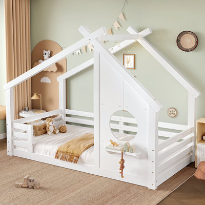 Lit simple au sol avec fenêtre et petite tablette, lit en bois massif avec toit en forme de maison, sans sommier nécessaire, blanc