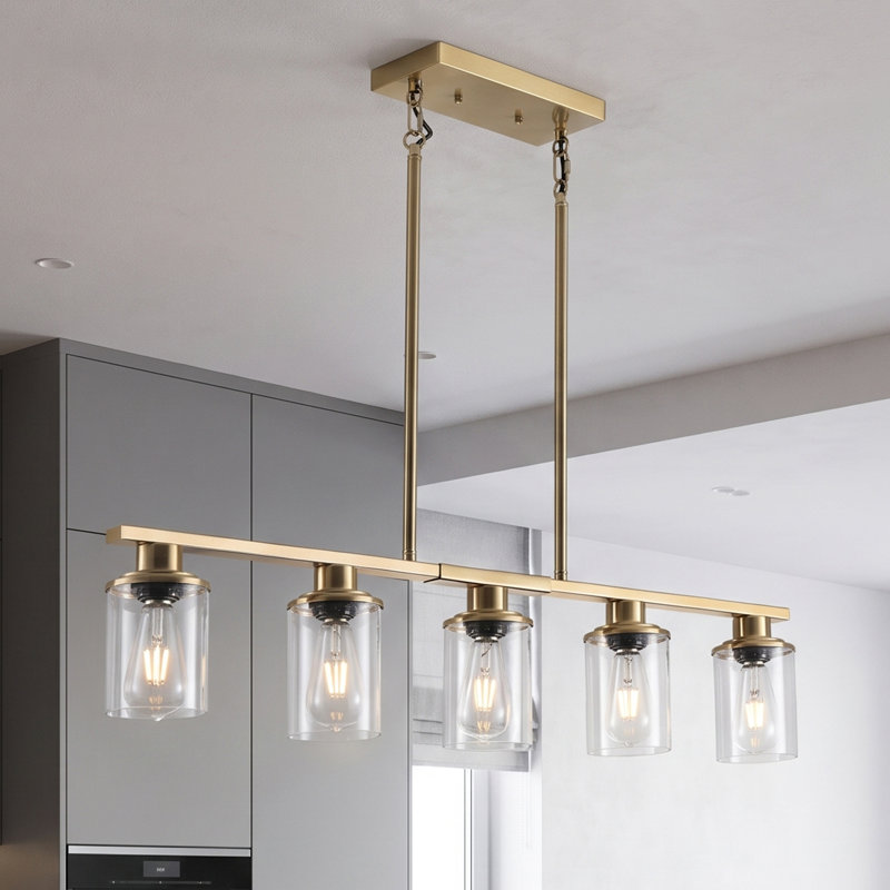 37'' 5-Light Gold Kitchen Island Chandelier Farmhouse Linear Pendant Light with Glass Shades, Gold