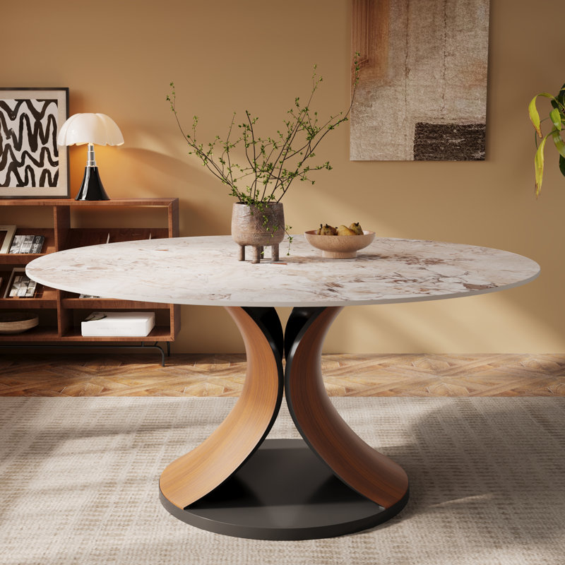 Table de salle à manger sculpturale en forme de X, 30.51" H x 47" W x 47" D, Creamy / Walnut
