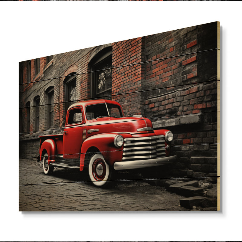 Camionnette rouge rétro Hauler I sur bois, H 30 po x l 40 po x P 0,78 po