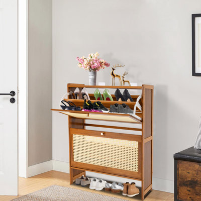 Natural Rattan Shoe Cabinet Free Standing Shoe Racks Shoe Cabinet With 3 Shelves