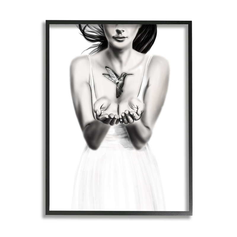 «Girl with Hummingbird» encadré sur bois par Ros Ruseva, impression, Giclée encadrée noir minuit
