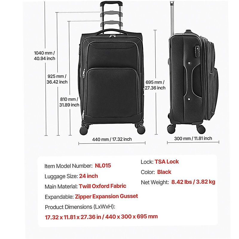 24-Inch Softside Expandable Luggage with Spinner Wheels Checked Suitcase Black