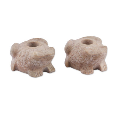 Novica Handmade Charming Frogs Soapstone Candle Holders (Pair)
