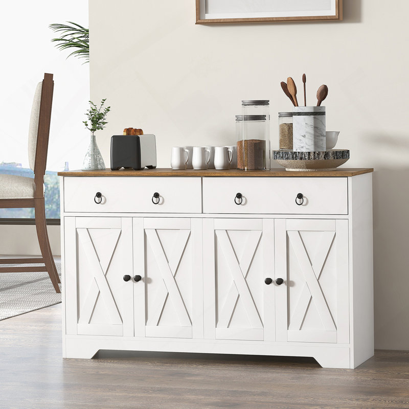 Sideboard, Buffet Cabinet With 2 Drawers, 2Storage Cabinets, 4 Barn-Style Doors