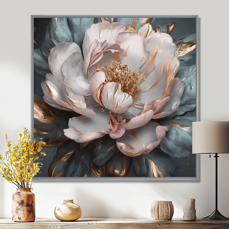 Pivoines roses et grises en fleurs I - impressions florales sur pivoines, H 16 po x l 16 po, Encadrement argenté