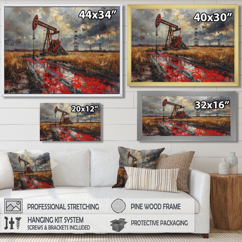 «Red Winter Oil Fields Industrial Icon I» - Art mural, Canevas, H 34 po x l 44 po x P 1,5 po