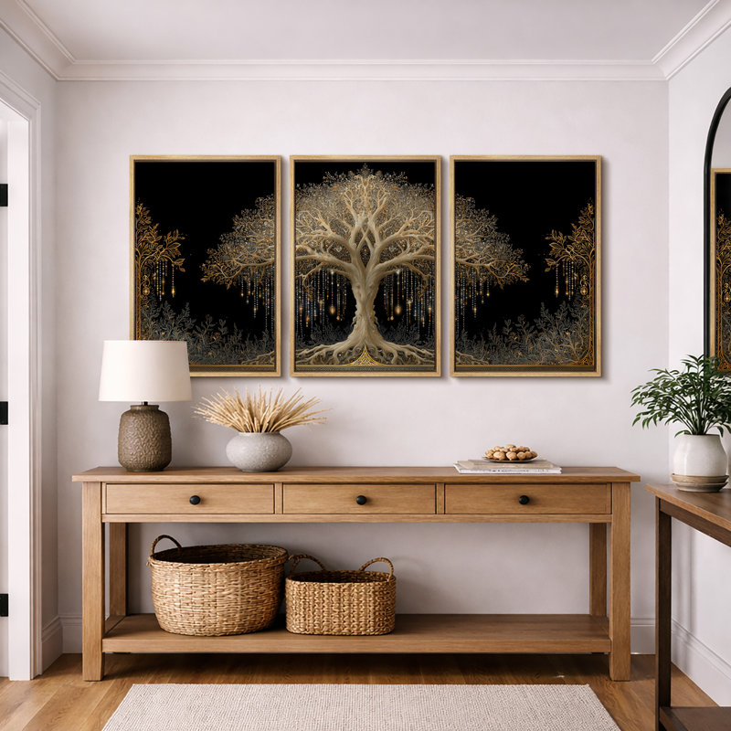 Arbre doré de la vie sur fond noir - reproduction d'art sur toile encadrée, H 36 po x l 72 po, Natural Floater Frame