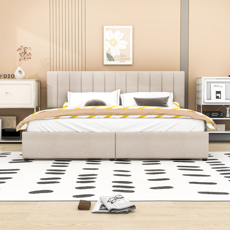 Lit très grand avec rangement hydraulique et tête de lit réglable, Beige