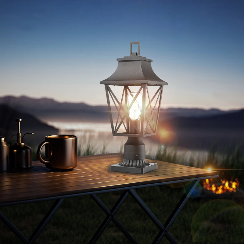 Lampadaire d'extérieur noir avec base de pilier, lanterne câblée avec verre pour jardin, cour, patio et chemin - paquet de 1