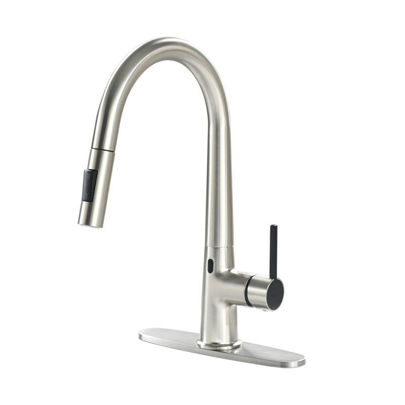 Robinet d'évier de cuisine à poignée simple avec capteur Topcraft, Nickel brossé / noir mat