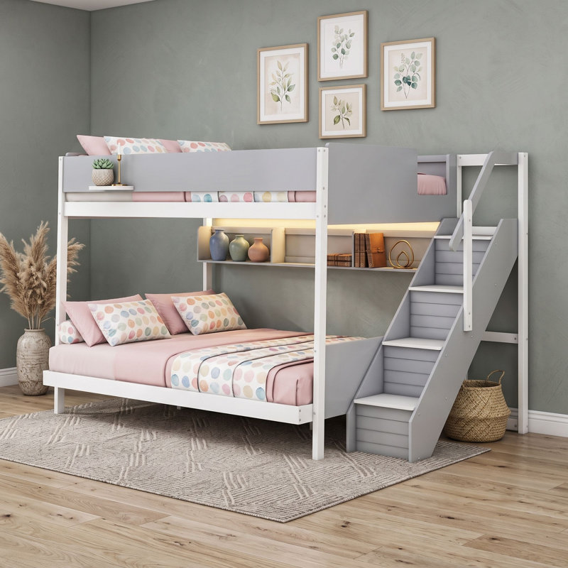 Lit superposé moderne avec escalier de rangement, tablettes latérales et éclairage DEL, Grey, Full XL over Queen