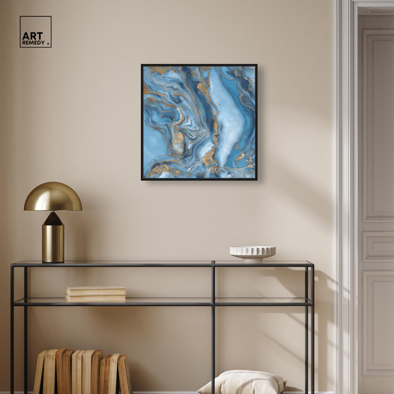 River Gold, toile abstraite bleue par Art , H 25 po x l 25 po, Noir, Cadre flottant