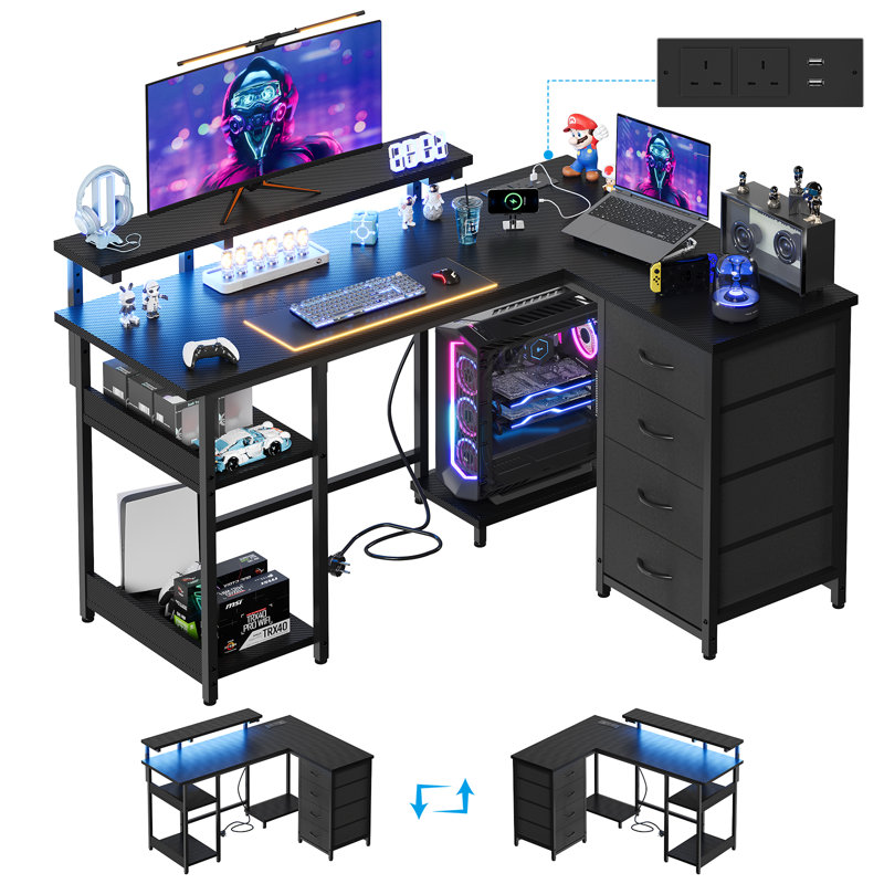L-Shaped Metal Base Computer Desk, 88cm. H x 135cm. W x 100cm. D, Black