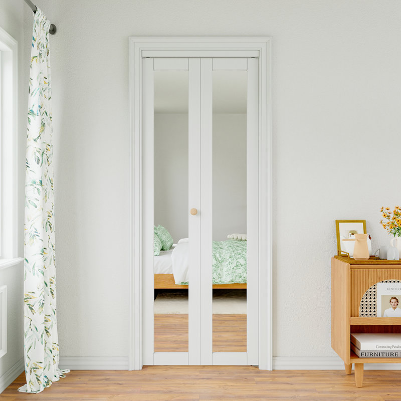 Mirrored Glass White Primed Solid Core Bi-Fold Closet Door With Hardware Kit, 30" x 80.6"