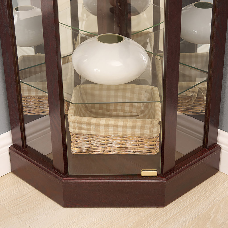 Armoire vitrée d'angle vitrée éclairée avec tablettes réglables Armoire à vin en cerisier sculpté, parfaite pour la maison ou le bureau - Cerisier foncé