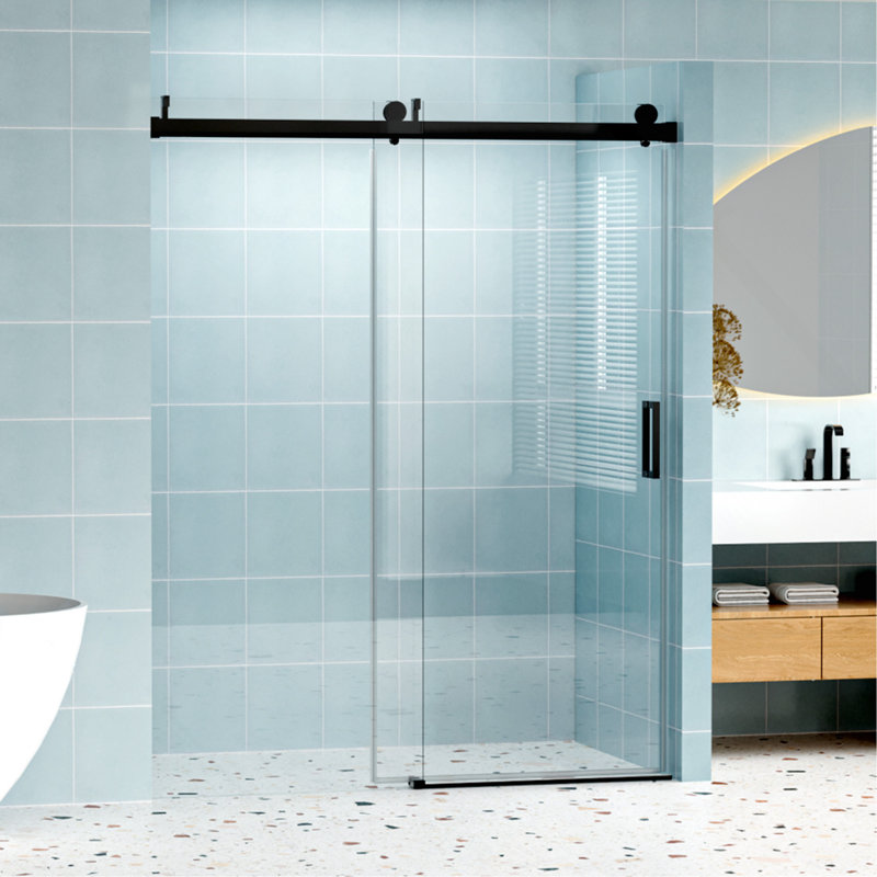 Porte de douche coulissante simple sans cadre à fermeture en douceur de 56 à 60 po x H 76 po, verre trempé 1/4 po (6 mm) avec revêtement antidéflagrant par livraison express, noir mat