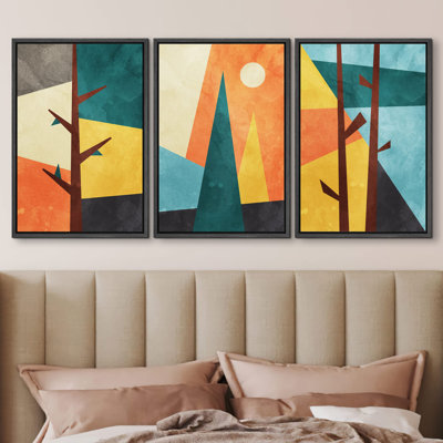 "Géométrique, art déco, forêt vibrante, collage, illustrations abstraites, art moderne, décor bohème coloré", 3 pièces