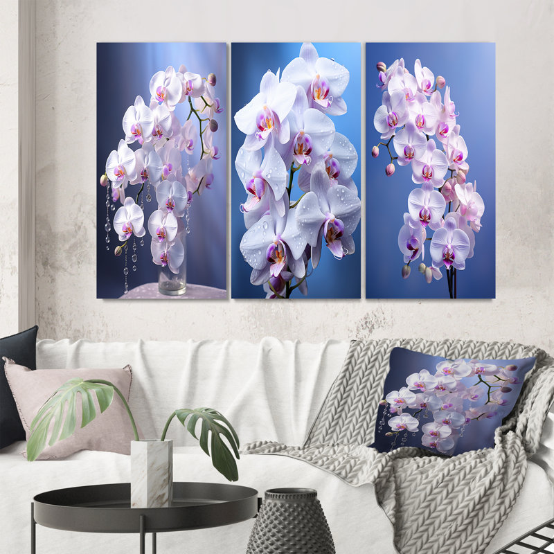 «Purple Orchids Elegance», 3 pièces sur toile, H 20 po x l 36 po, Toile tendue