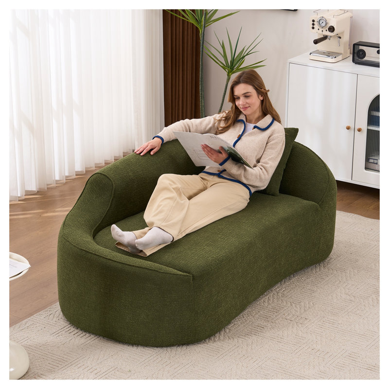 Chaise longue incurvée avec assise profonde, canapé-lit deux places moderne en chenille pour salon ou chambre, comprend 1 coussin, vert