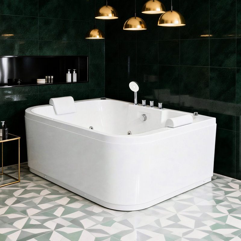 Baignoire en acrylique pour 2 personnes avec 16 jets d'eau réglables, lumières à DEL et chauffage pour une expérience de spa confortable et sereine avec jets d'hydromassage, éclairage, évasion