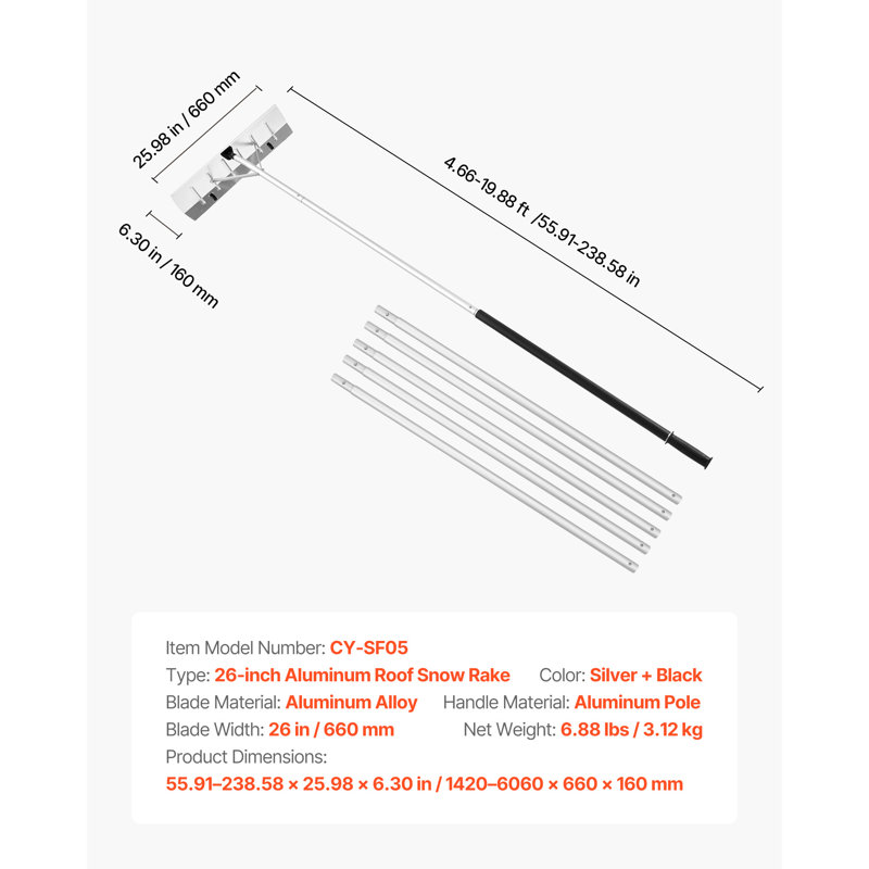 VEVOR 7.5-20 ft Snow Roof Rake with Wheels 26 in Aluminum Blade ...