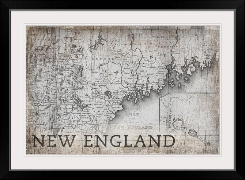 «New England Map» par Bellinda, impression, Cadre noir, H 24 po x l 32 po x P 1 po