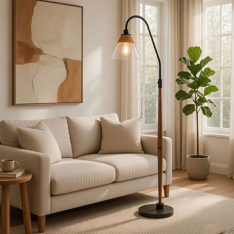 Lampe sur pied, abat-jour en verre bullé, bois industriel avec détails en corde, noir 71 po