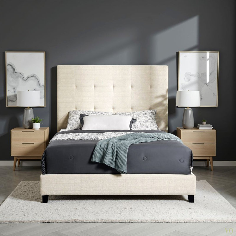 Grand lit plateforme tapissier capitonné, Beige, Grand lit