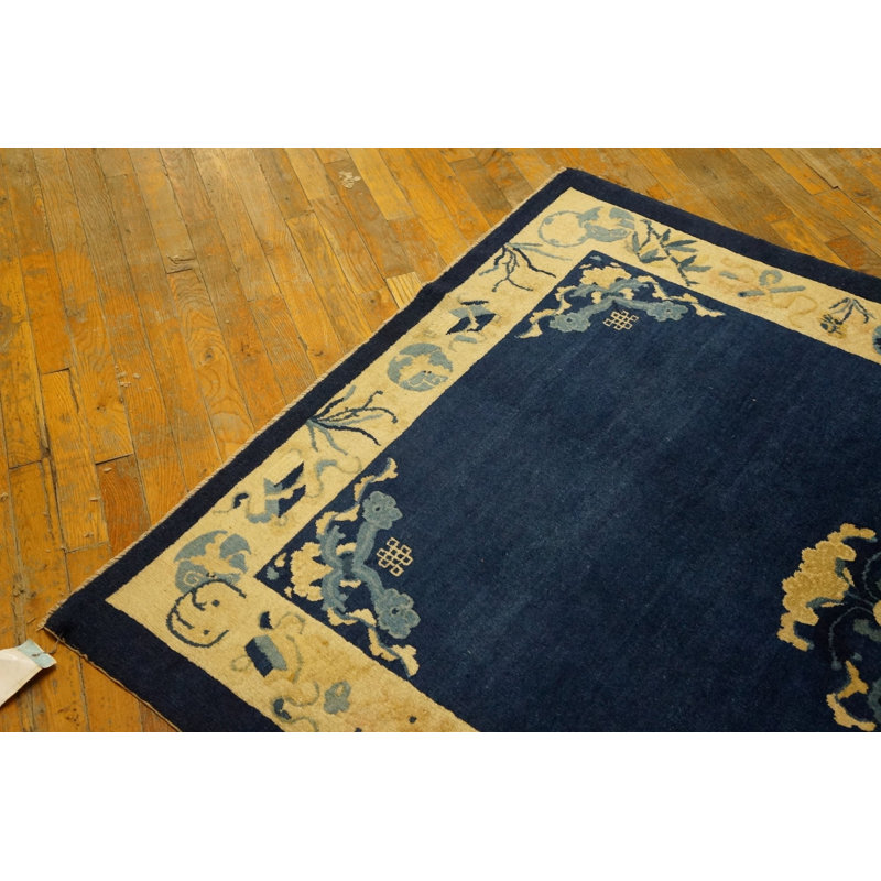 Solid Open Blue Color Field Antique Chinese Floral Medallion Pattern Peking Rug