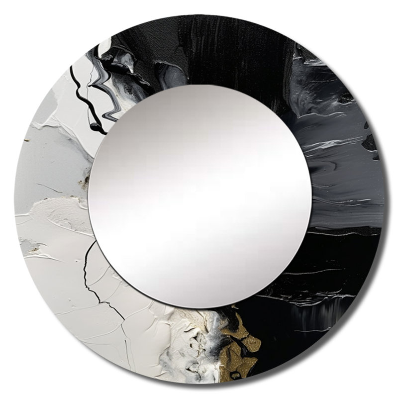 Pedone Black Textured Splash Paint Art I - Abstract Painting Decorative Wall Mirror, Modern Round Mirror, Printed Metal Art