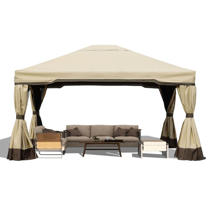 Aoodor Aluminum Gazebo Canopy, Beige, 108" H x 144" W x 144" D