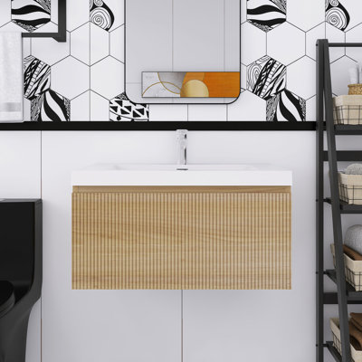 Meuble-lavabo mural en chêne naturel avec comptoir en résine de pierre et tiroirs à fermeture en douceur