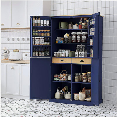 [Vidéo d'assemblage fournie] Armoire de rangement surdimensionnée de 40,2 x 20 x 71,3 pouces pour garde-manger grande taille avec 2 tiroirs, 2 tablettes réglables, 8 tablettes de porte pour la cuisine, la salle à manger, bleu Topmax