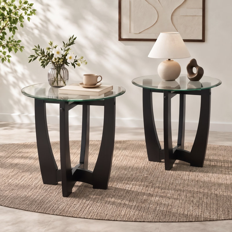 Ensemble de table basse et table de bout en verre 3 pièces, table basse ovale 48 po avec 2 tables d'appoint rondes de 23,5 po, base en bois pour le salon