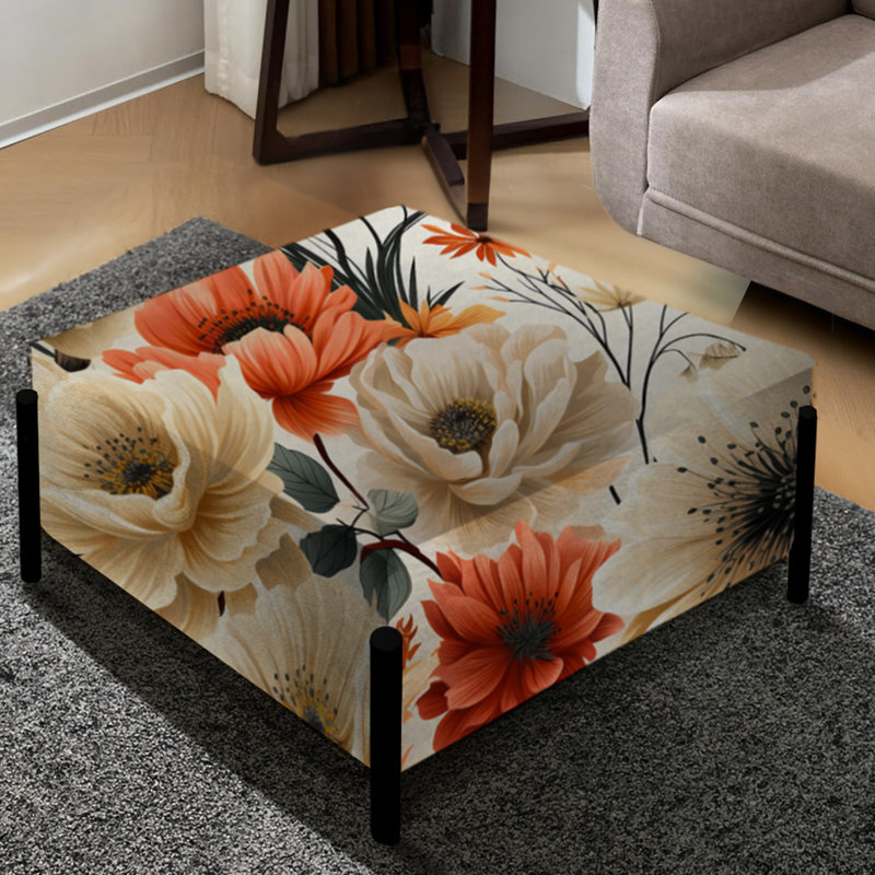 Motif de chrysanthèmes à fleurs rouges et beiges - Grand repose-pieds carré floral