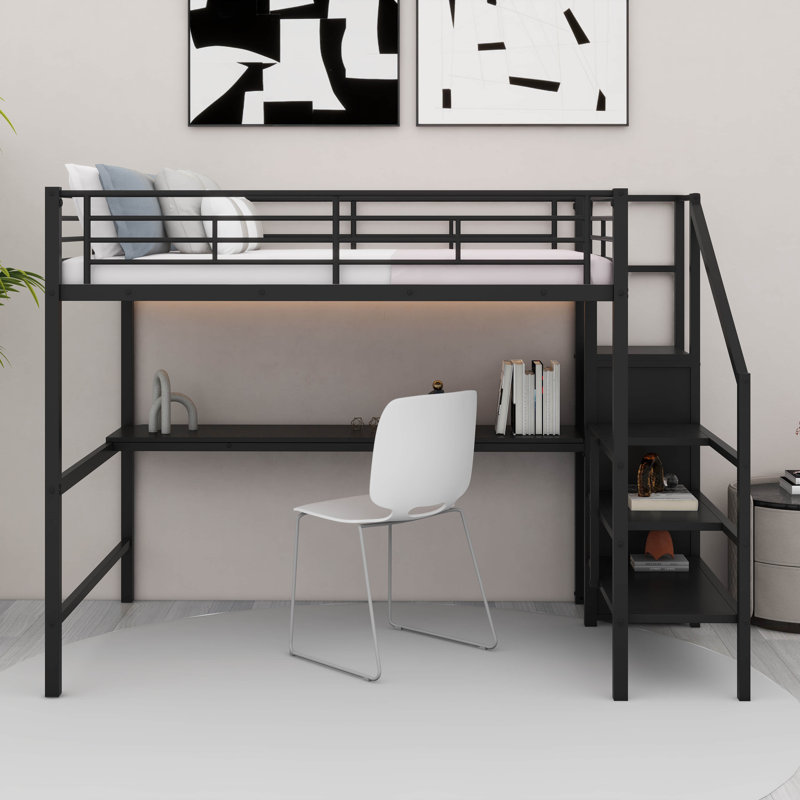 Lit mezzanine double en métal noir avec bureau en L, port USB, DEL, armoire