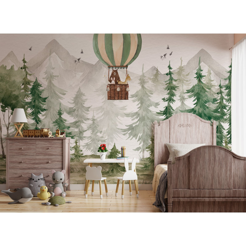 Peinture murale pour enfants, forêt, animaux en montgolfière et aquarelle