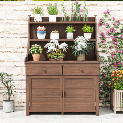 Banc de jardin 65 po en bois de sapin avec poste de travail, 3 tablettes à 3 niveaux, 2 tiroirs et armoire
