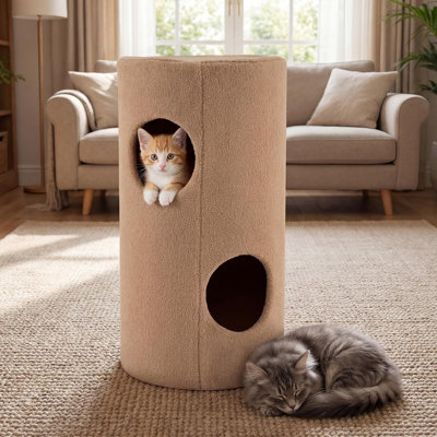 2-Tier Cat House for Indoor Cats, 2-Story Kitten Condo with Sisal Scratching Mat, Hideaway Cave, Covered Bed, Cute Modern Multi-Cat Playhouse, Barrel-Shaped Pet Furniture with Bear Accents