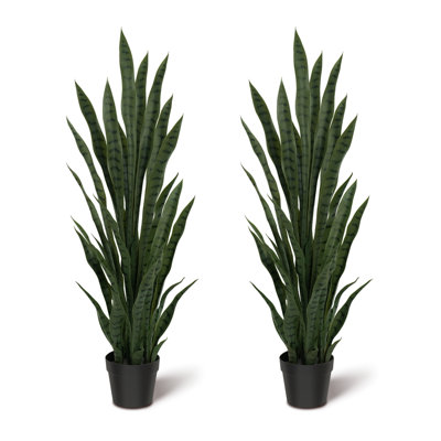 2Pcs Faux Snake Plants (Sansevieria) in Black Square Pots, Artificial Potted Floor Plants with 34 Dark Green Leaf for Indoor Outdoor Decor