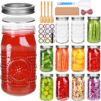 32 oz (approx. 1 L) wide-mouth Mason jars (with lids), set of 12 clear glass Mason jars