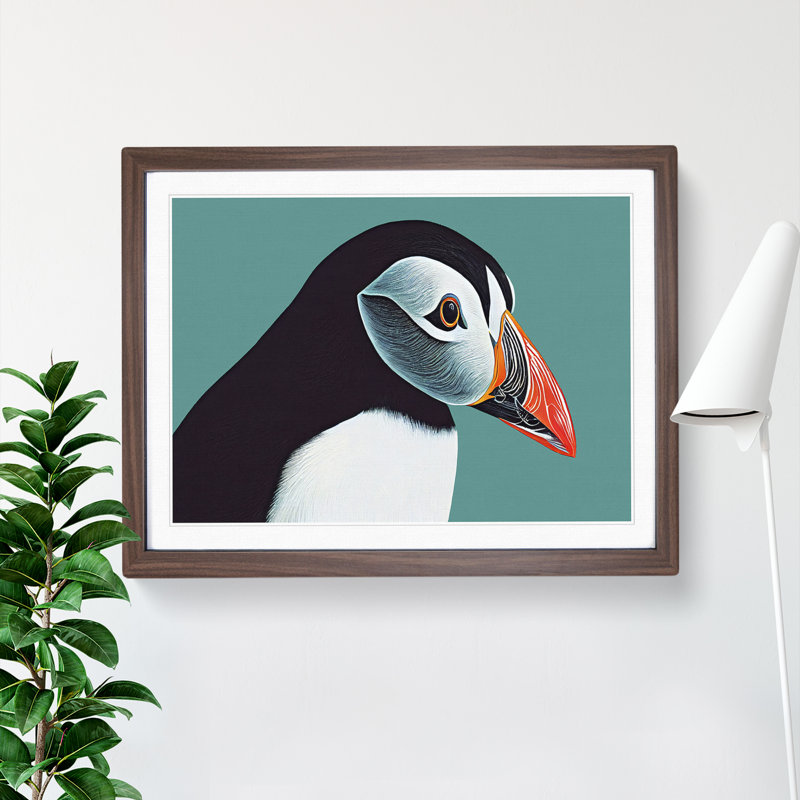 Flourishing Puffin Bird - Single Picture Frame Painting, 34cm H x 46cm W x 2cm D, Walnut