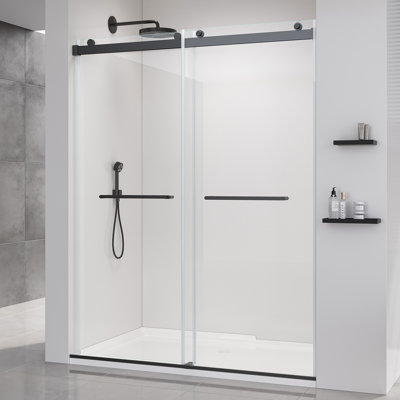 Double Sliding Shower Door In Modern Style, 8Mm Thick Glass, 56 - 60*76 Inch, Matte Black, Watertight Seal, Installed, Lightweight And , Easy Installation, Smooth Sliding, Structure Easy-Cleaning,
