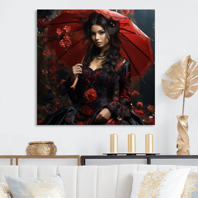 Rouge et noir femme victorienne avec parapluie III - art mural en métal femme victorienne
