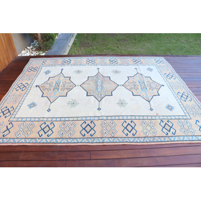 Grand kilim anatolien tissé à la main à motif géométrique rétro en laine bleu beige, idéal pour la décoration bohémienne
