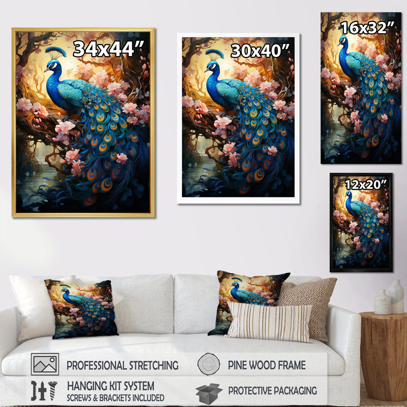 Fantaisie paon en fleurs enchantées sur toile, H 32 po x l 24 po x P 1 po, Cadre photo blanc