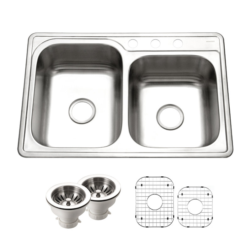 Évier de cuisine double en acier inoxydable 33/40 avec crépines et grilles Houzer, 3 trous